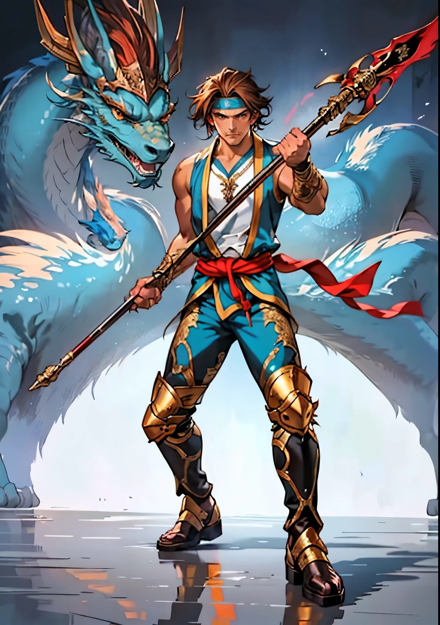 (masterpiece:1.2, best quality:1.2, extremely delicate:1.2), ((male:1.5)), a middle-aged man with short brown hair, a dragon horn headband, a dignified face, a small mustache, a fantasy martial arts style orange-yellow sleeveless vest, a sash wrapped around his waist, his arms are protected by cloth bracers, matching leather pants, shin guards, leather boots, he holds a long spear with a dragon-head design in both hands, standing in a training arena, this character embodies a finely crafted fantasy martial arts style spear-wielding guardian in anime style, exquisite and mature manga art style, dramatic, high definition, highres, ultra-detailed, ultra-fine painting, professional, perfect body proportions, golden ratio, anatomically correct, symmetrical face, extremely detailed eyes and face, high quality eyes, creativity, RAW photo, UHD, 32k, Natural light, cinematic lighting, (masterpiece-anatomy-perfect:1.2)