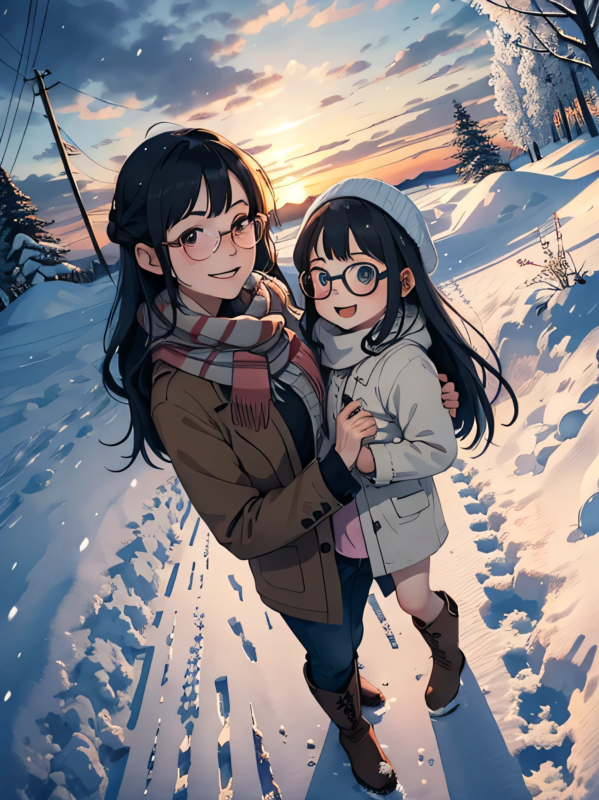 masterpieceThe best quality，High image quality，(Superflat, Flat Shading )，Fisheye Lens，Glasses，Beautiful petite trained young mother and her very cute trained daughter:1.25，Warm scarf， (naked)，Long Hair, Boots, smile, smile, White Breath，steam，fun, play, winter, snow, dusk，Beautiful sunset wide angle, Vibrant colors, watercolor, Ghibli style，Strong winds，Woman&#39;s Temptation，