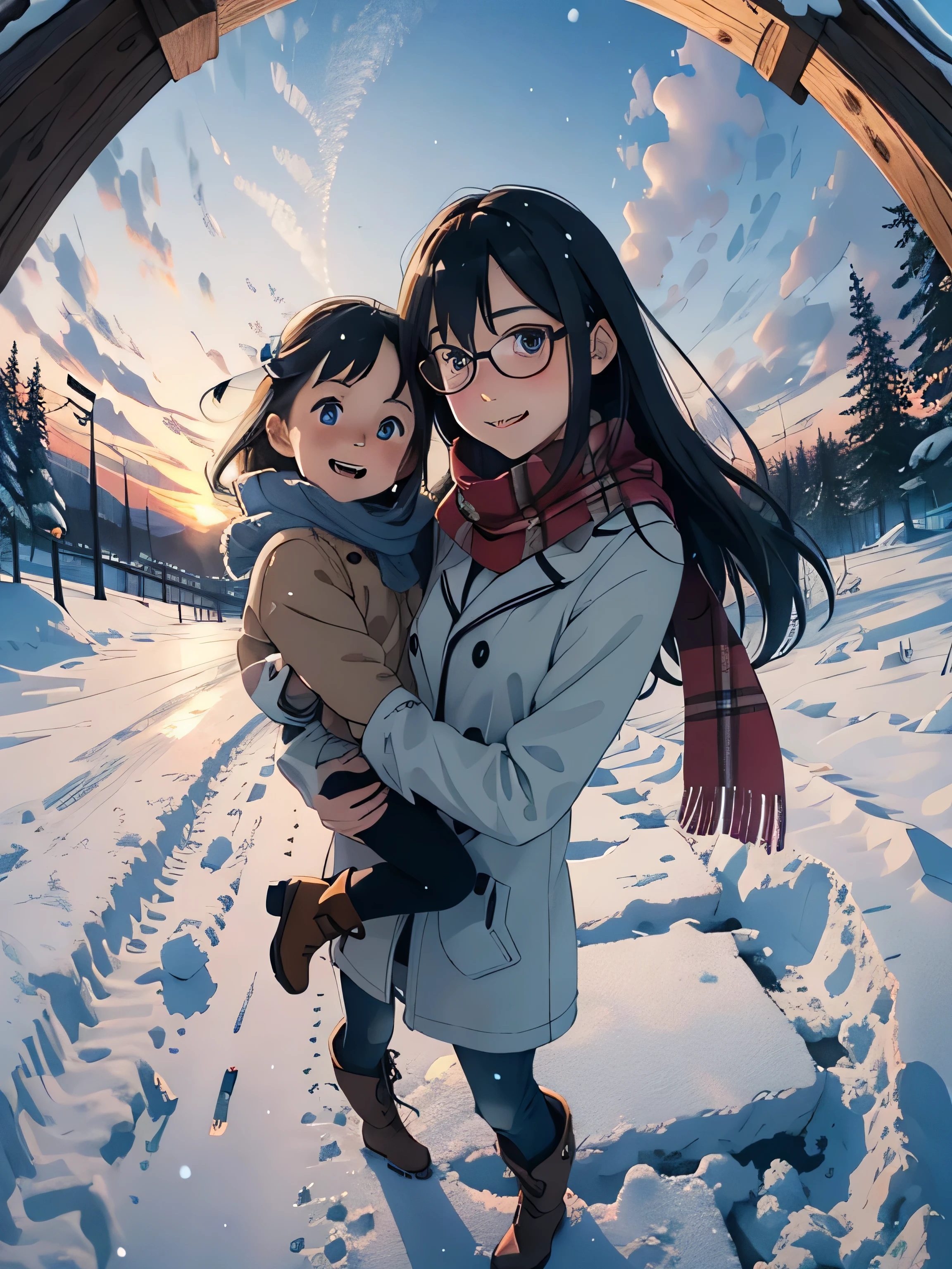 masterpiece，Best Quality，High image quality，(Superflat, Flat Shading )，Fisheye Lens，Beautiful petite trained young mother and her very cute trained daughter:1.25，Glasses，Warm scarf， (naked)，Long Hair, Boots, smile, smile, White Breath，steam，fun, play, winter, snow, dusk，Beautiful sunset，Wide angle, Vibrant colors, watercolor, Ghibli style，Strong winds，Girl&#39;s Temptation，