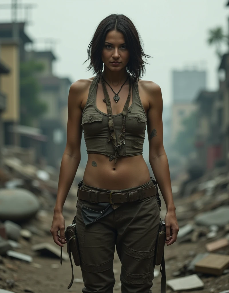 Post-apocalypse, thin middle-aged women, fit body, dirty clothes, torn vest, dirty military unloading, standing on ruins, destroyed city, gloomy photo, looks at viewer, depth of field, bokeh