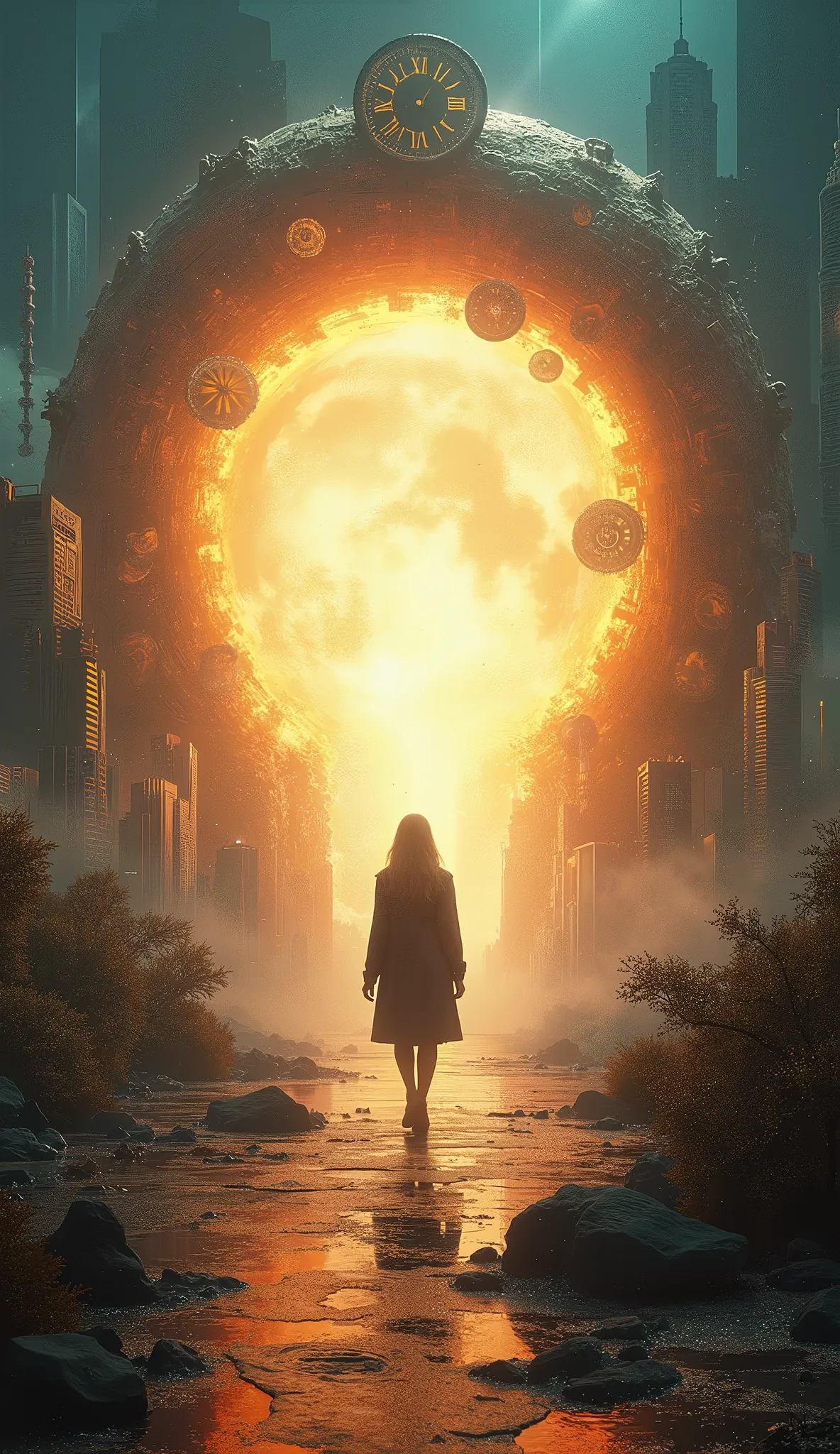 A surreal depiction of time travel, where a traveler is seen stepping through a glowing portal that distorts the world around them. Behind them, the present fades into a blur of modern cityscapes, while ahead lies a mixture of ancient civilizations, futuristic cities, and fantastical landscapes, all blending together. The scene is bathed in a radiant, swirling light representing the flow of time, with clock gears, hourglasses, and other time-related symbols floating around. The traveler’s figure is silhouetted, adding mystery, while the vibrant details of each era seamlessly blend, creating a fantastical journey through time.