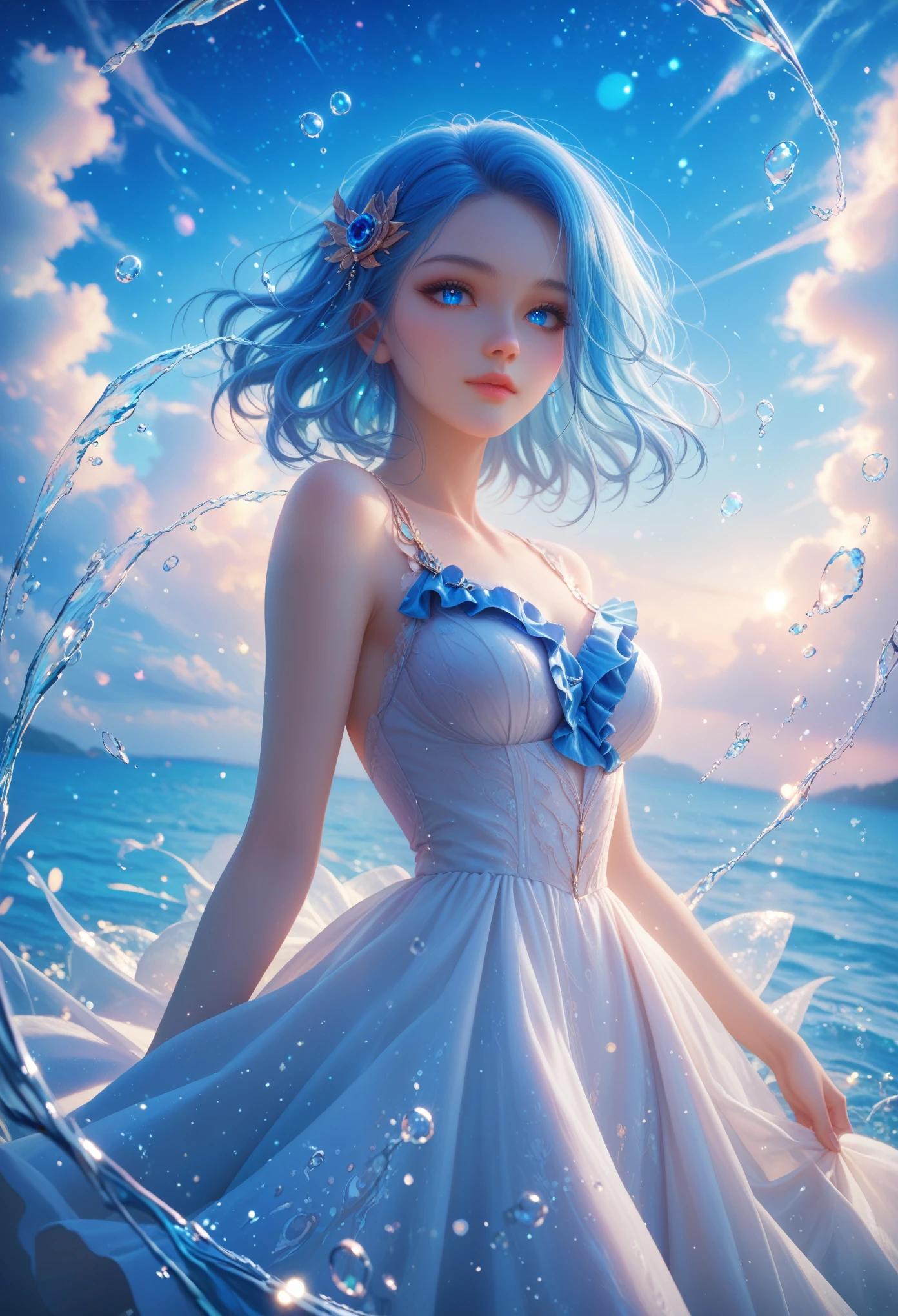 absurdity, High resolution, (official art, beautiful and aesthetic:1.2), (near vision:1.15), (1 girl, blue hair, medium hair, Blue eyes, Bright Eyes, long white dress, blue frill,:1.2) blue sky, Twinkling Galaxy, (Salar de Uyuni:1.2), (fractal art:0.8), water effects, ripple effects, (floral effects: 0.65), Lighting effects,