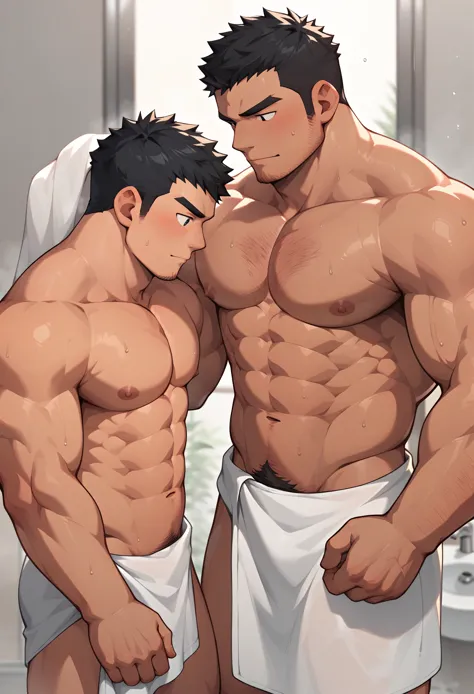 Bathroom, two men, Japanese, black hair, chest hair, towel, senior, junior, junior wiping senior's back with towel, muscles