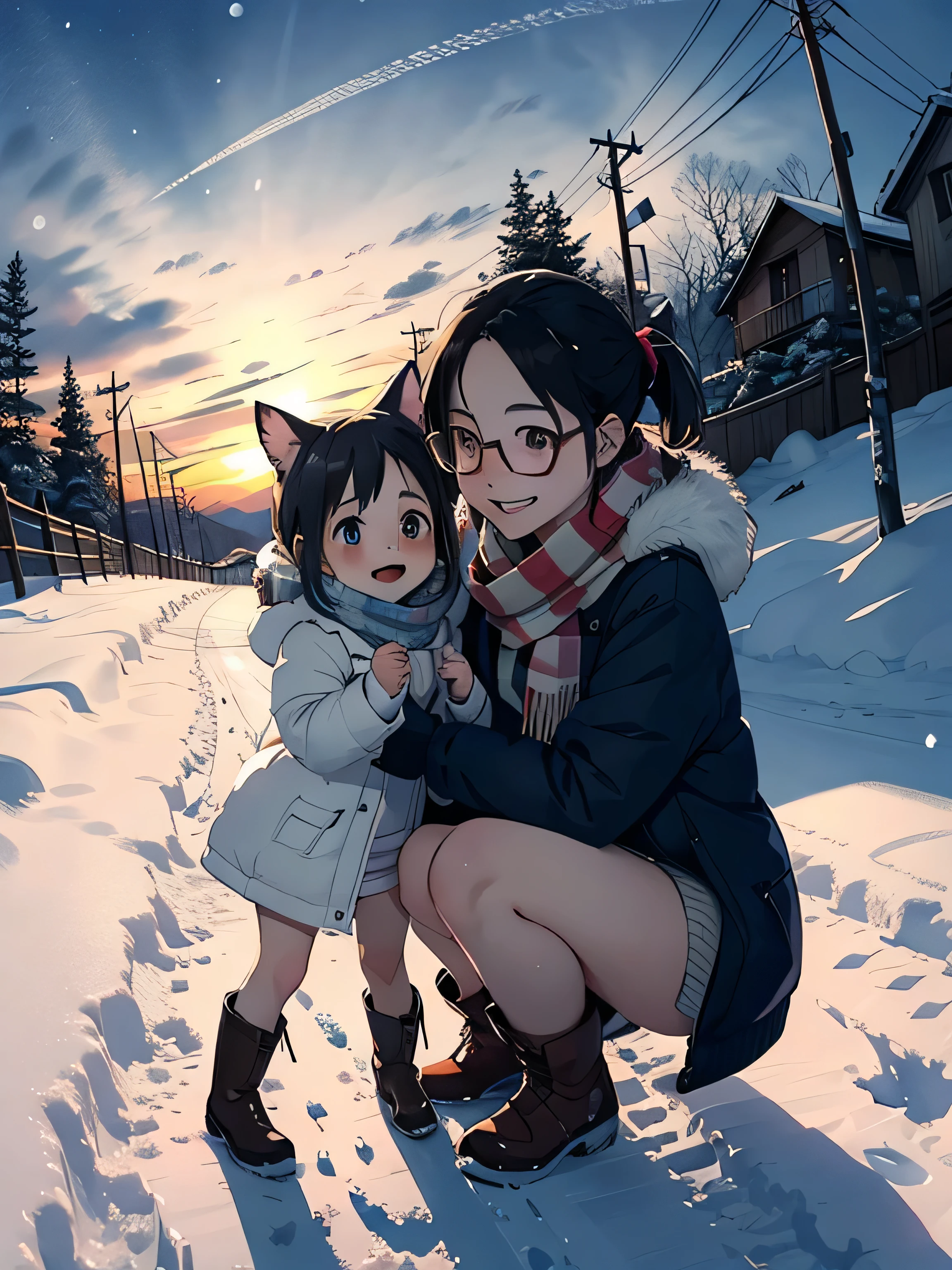 masterpiece，Best Quality，High image quality，(Superflat, Flat Shading )，Fisheye Lens，Beautiful very petite sow trained young mother and her very cute trained daughter:1.25，Glasses，Warm scarf， (naked:1.35)，Long Hair, Boots, smile, smile, White Breath，steam，fun, play, winter, snow, At dusk，Beautiful sunset，Wide angle, Vibrant colors, watercolor, Ghibli style，Strong winds，Girl&#39;s Temptation，