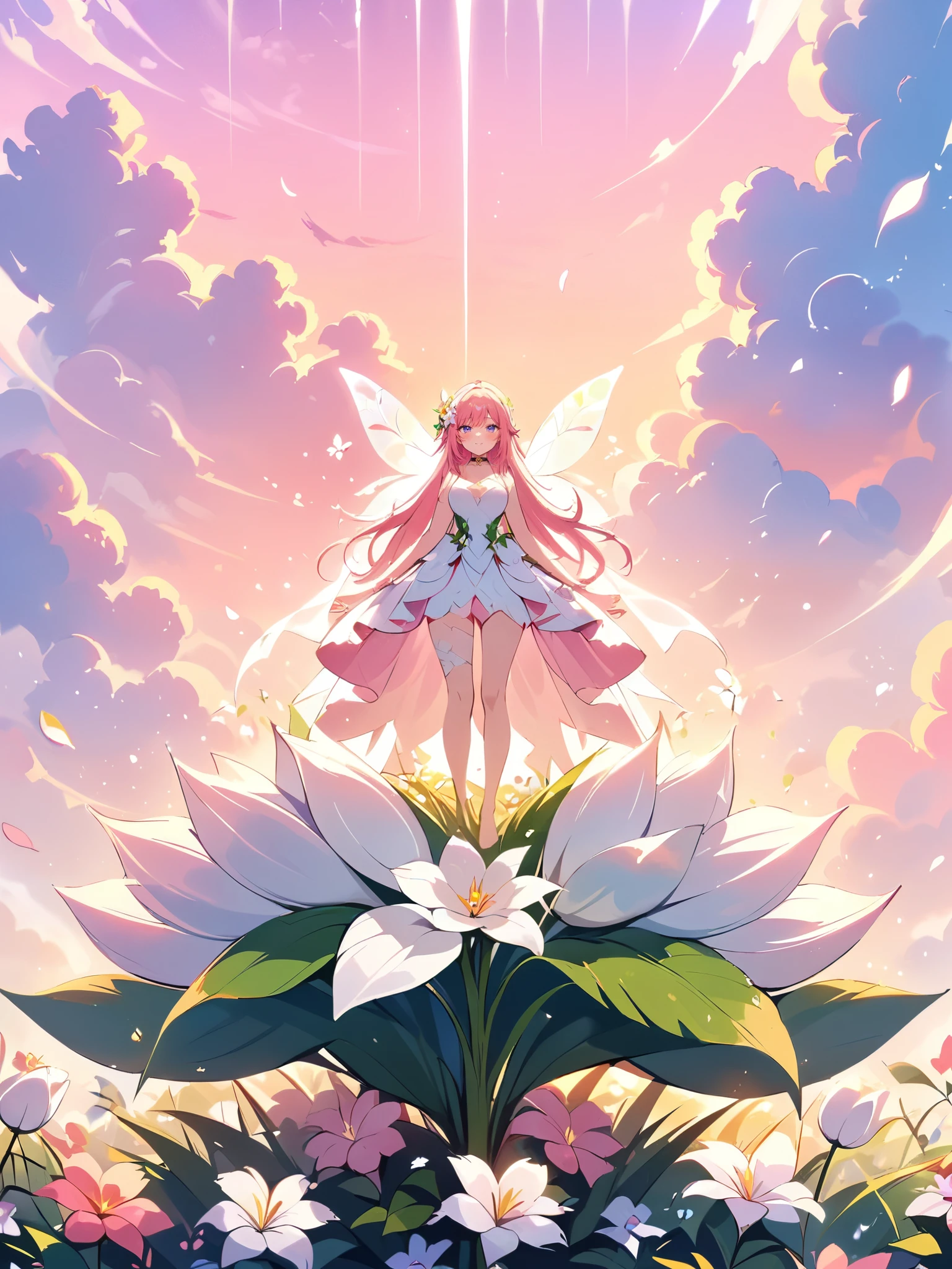 (best quality,4k,8k,highres,masterpiece:1.2),1girl,on_flower,oversized_flower,fantastical fantasy garden,girl standing on giant white flower,gauze glittering fairy dress,barefoot,pink hued sunset