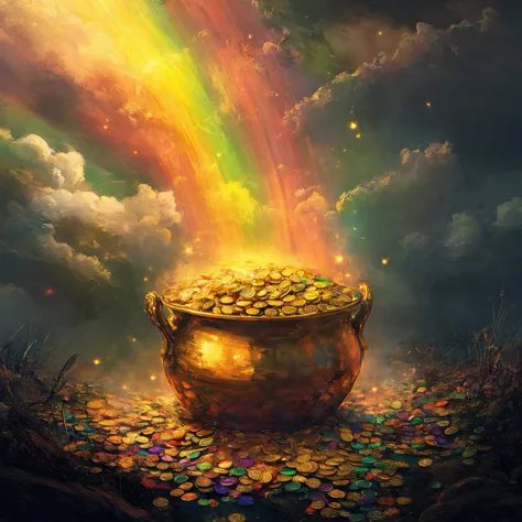 1girl, rainbow, pot of gold, ultra-detailed, hyper-realistic, 8k, cinematic lighting, surreal, fantasy, magic, dramatic, highly detailed, intricate, complex, whimsical, ethereal, shimmering, glowing, mystical, vibrant colors, jewel-toned, warm tones, dynamic composition, dramatic lighting, volumetric lighting, god rays, atmospheric, photorealistic