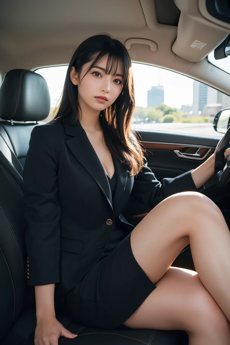 A stunning, elegant woman seated in the back seat of a luxurious car, crossing her legs gracefully with a confident and sophisticated aura. She’s wearing a tailored, stylish suit with a sleek blazer and fitted trousers, giving her a professional yet fashionable look. Her long, flowing hair frames her sharp features, and her subtle makeup enhances her natural beauty. The soft lighting coming through the tinted windows highlights the rich leather seats and polished wood accents of the car’s interior, emphasizing the luxury. The atmosphere is refined and classy, with the woman’s poised posture radiating elegance and power.