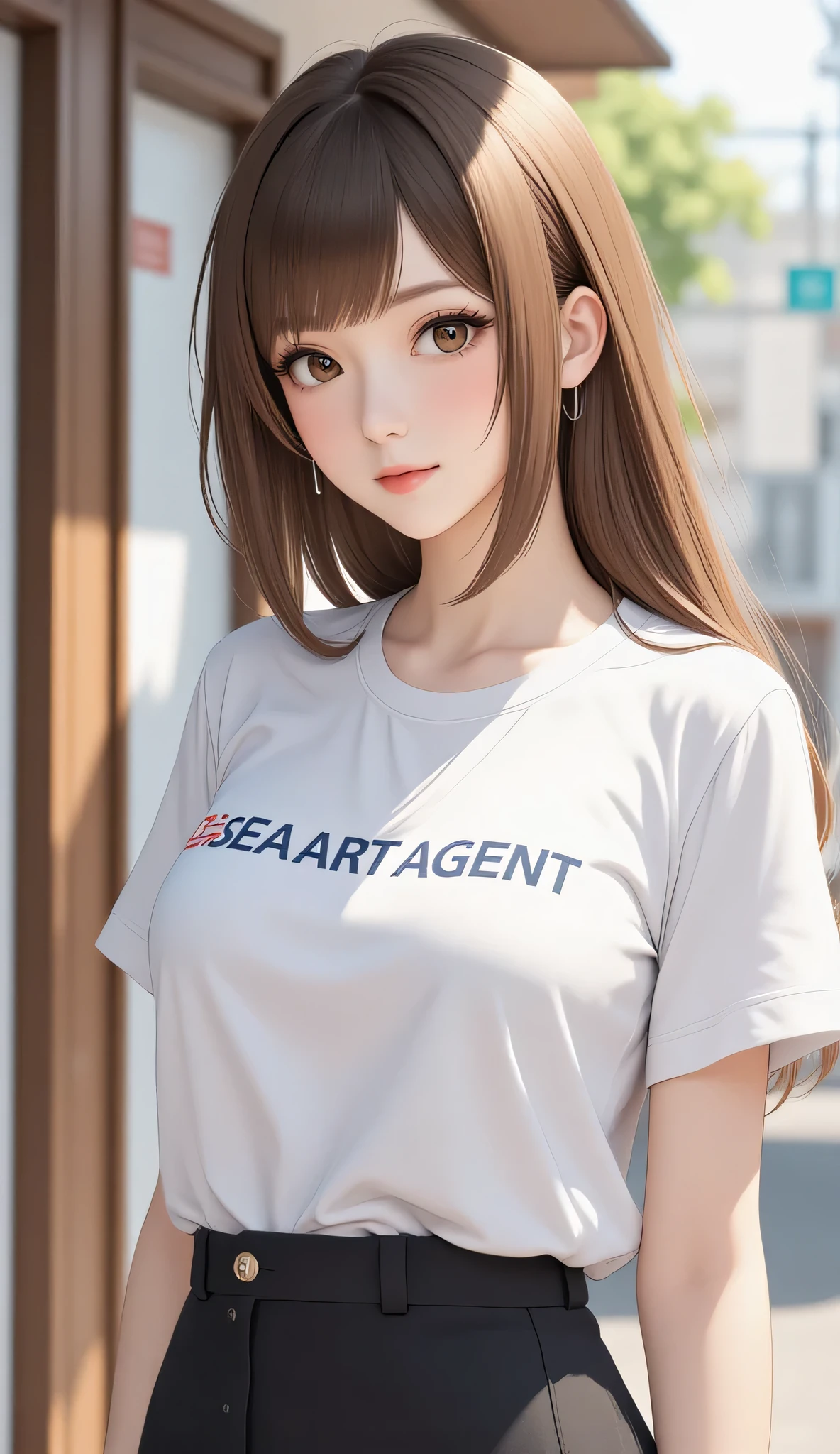 1girl, solo, beautiful, shirt print text "SEA ART AGENT,"