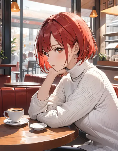 solo woman, red bob hair, white turtleneck sweater, in cafe, waiting coffee