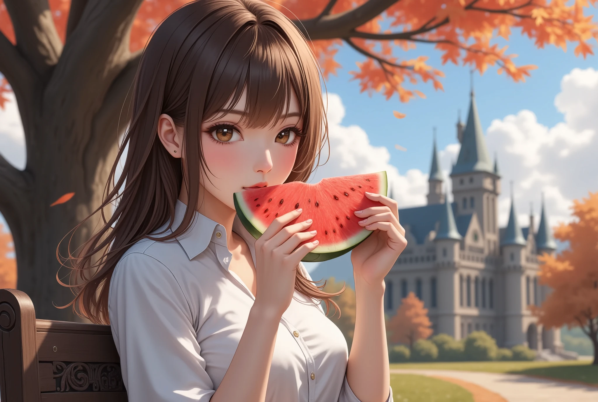 1girl, solo, close-up, holding a big watermelon slice, sitting on ornate dark wooden park bench under big tree, autumn park, fluffy clouds, autumn leaves, gothic castle in the distance.