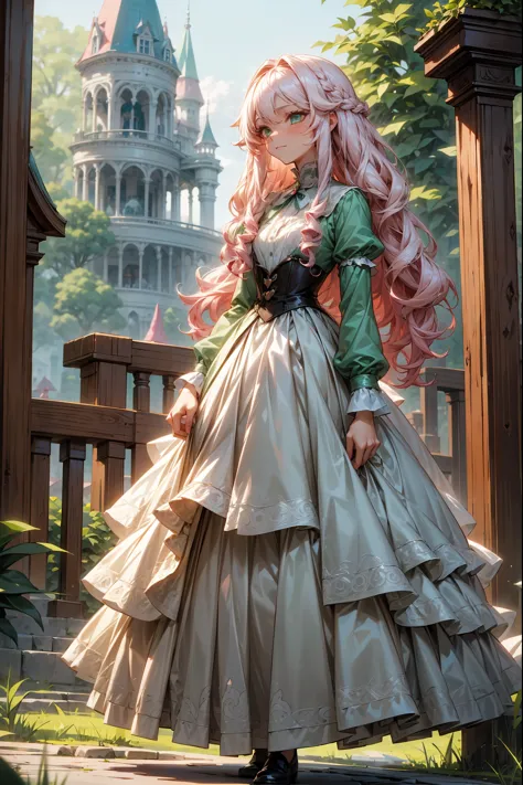 1female, pinkish white hair, long flowy hair with curls, jade green eyes, white dress, mischievous expression, haunted house bac...