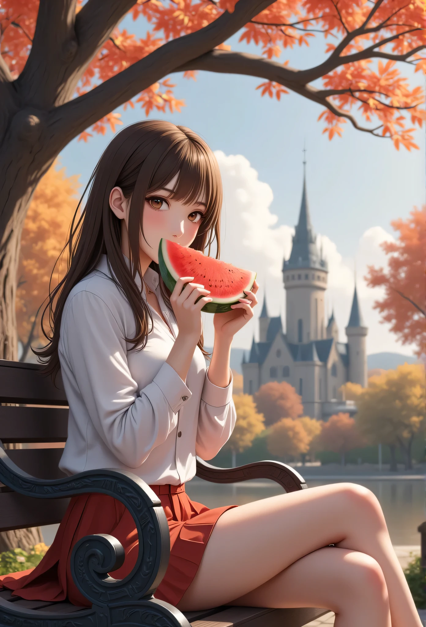 1girl, solo, close-up, holding a big watermelon slice, sitting on ornate dark wooden park bench under big tree, autumn park, fluffy clouds, autumn leaves, gothic castle in the distance.