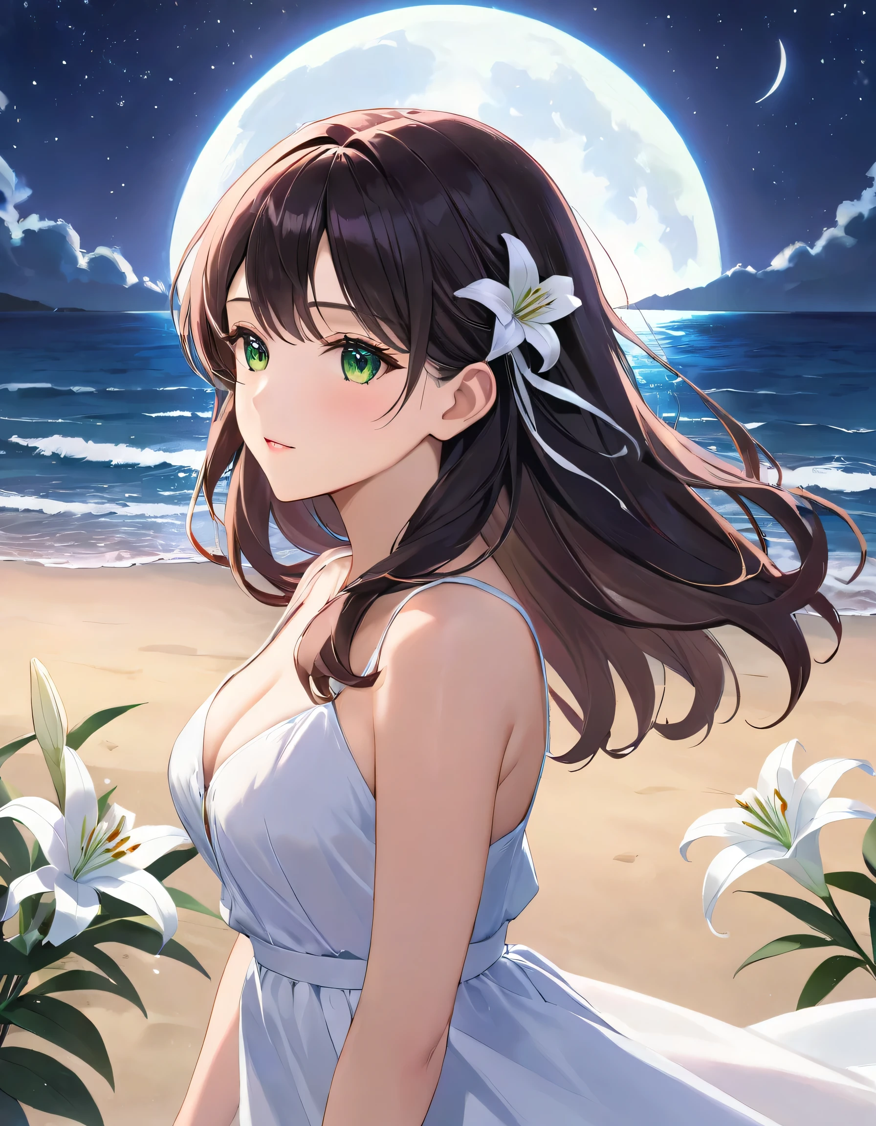 a portrait of a woman with long black hair, green eyes, wavy hair, with (white lily: 1.3) stranded in hair, walking at beach at night, moon light, stars, sad, a sense of departure 