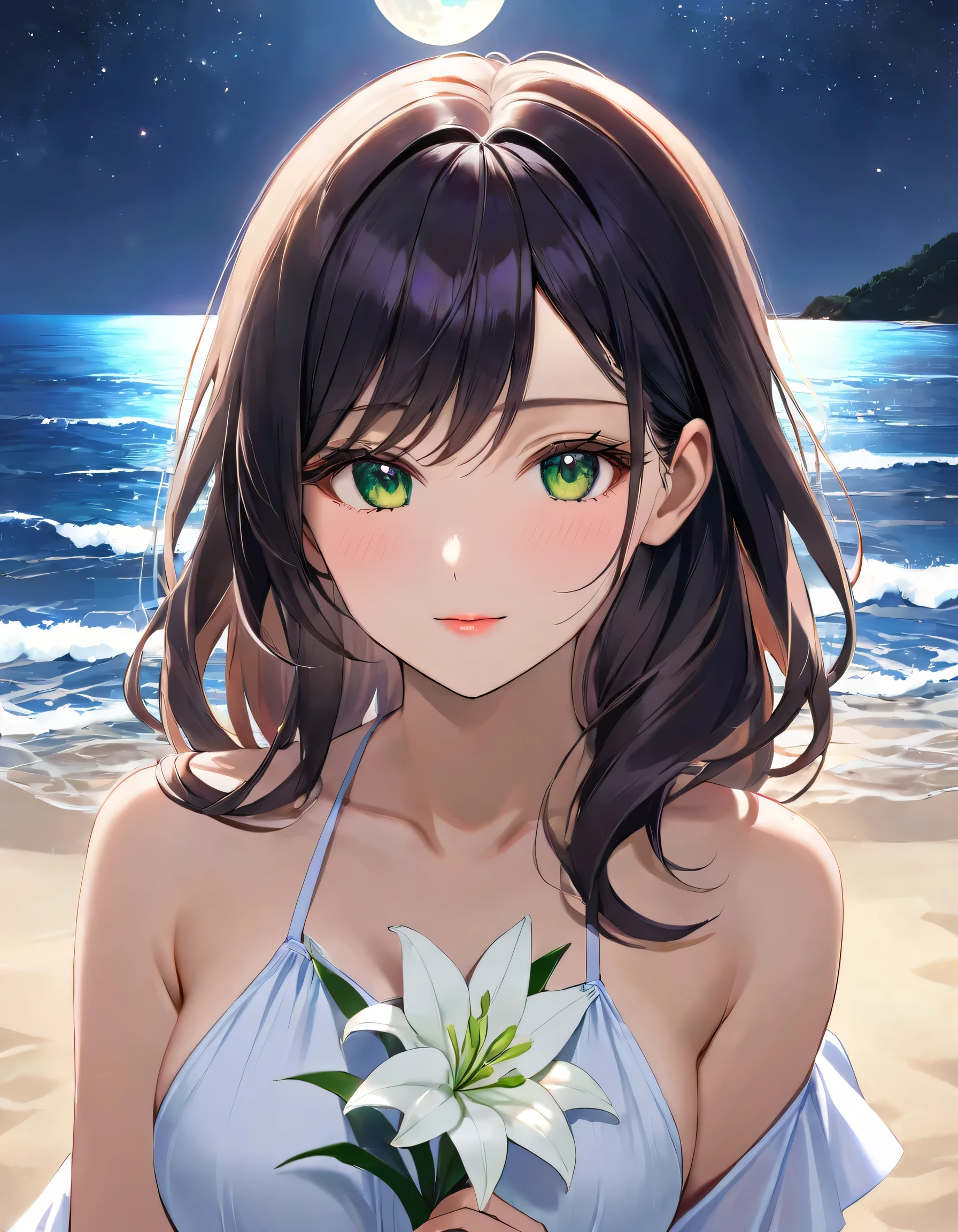 a portrait of a woman with long black hair, green eyes, wavy hair, with (white lily: 1.3) stranded in hair, walking at beach at night, moon light, stars, sad, a sense of departure 