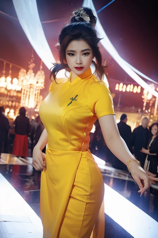 realisticlying, A high resolution, 1 rapariga, yellow 💛 💜 color hair, korean people, eBlue eyes, The transparent cheongsam is flying，Sheer tight-fitting garments，Beads of sweat dripped down the buttocks，Large chest，Wide buttock， your ass，Butt visible，Visible on the back，buttocks visible，Ass pouted，wide wide shot，Cinema lenses，The skin glows，space ship，Show background naturally။။