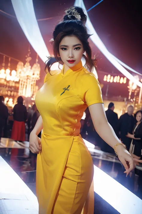 realisticlying, a high resolution, 1 rapariga, yellow 💛 💜 color hair, korean people, eblue eyes, the transparent cheongsam is fl...