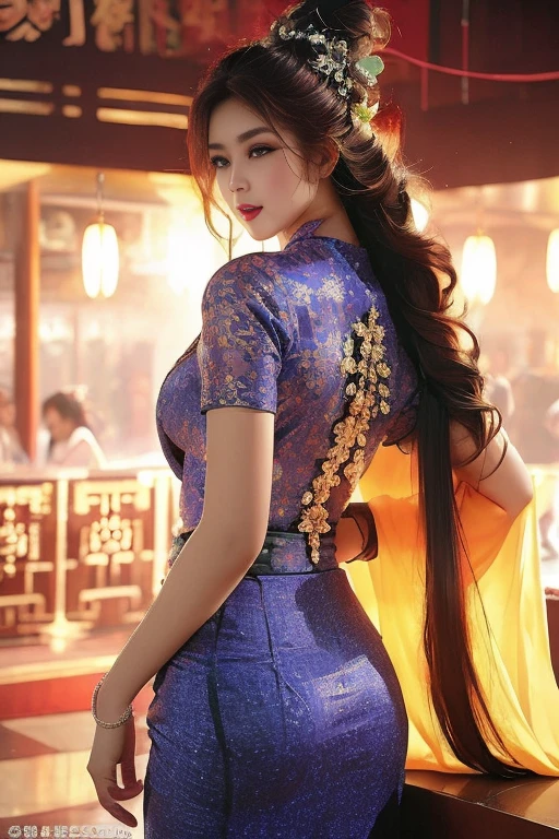 realisticlying, A high resolution, 1 rapariga, yellow 💛 💜 color hair, korean people, eBlue eyes, The transparent cheongsam is flying，Sheer tight-fitting garments，Beads of sweat dripped down the buttocks，Large chest，Wide buttock， your ass，Butt visible，Visible on the back，buttocks visible，Ass pouted，wide wide shot，Cinema lenses，The skin glows，space ship，Show background naturally။။