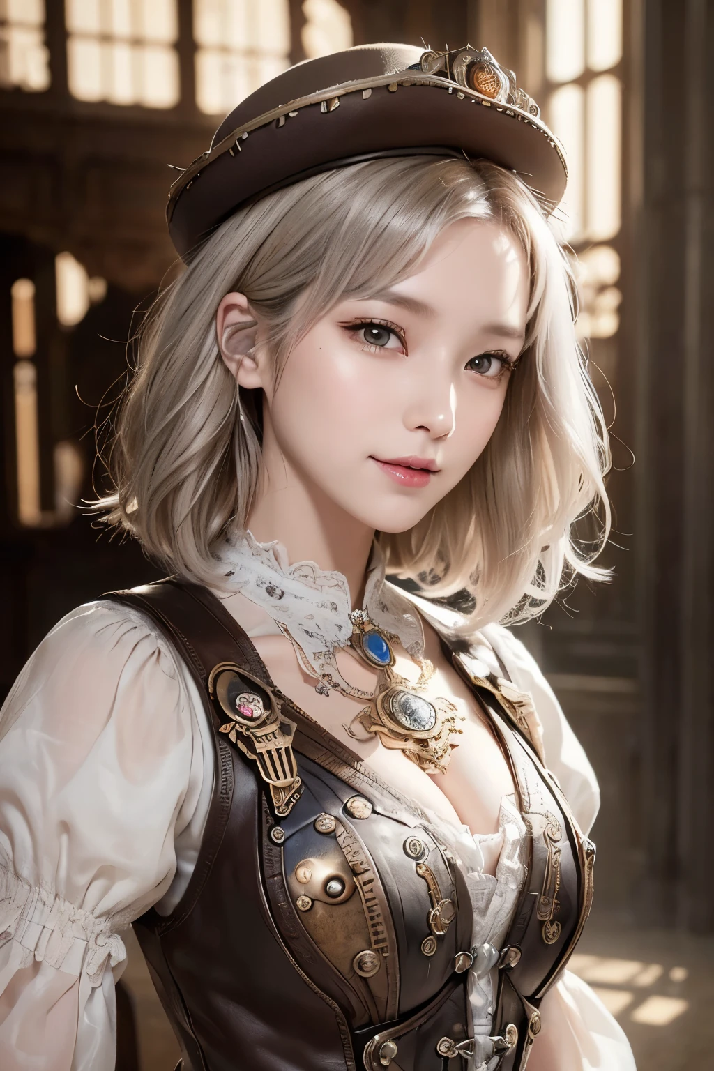 (((masterpiece)))、((((Best Quality))))、(((Super detailed)))、((Photorealistic))、(Young beautiful woman)、(A gentle and kind smile)、Realistic Skin、((Very delicate and beautiful face and hazel eyes))、Beautiful woman in a steampunk hat、((Slightly dark, blonde-ish silver-gray short bob hair with gentle waves.))、((Small Bust))、Steampunk Costume、Steampunk inventor、Steampunk Style、Steampunk fiction、Goddess of steampunk、Steampunk Fantasy、Steampunk Art、Steampunk Fashion、19th century steampunk world、Retro-future、Dust floating in the air、Tyndall effect、Intricate decorative details、Dramatic atmosphere、Atmospheric Perspective、Portrait、Soft Focus、Blurred Background、Pale light and deep shadow、Fantastic beauty、Saturation and brightness are slightly low、 Dusty Noise、