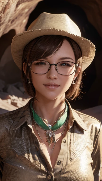 portrait, close-up, upper body. Short, red hair, Green eyes, glasses with metal frames, cowboy hat, beige button down shirt, joyful smile, cheerful girl . (masterpiece, top quality, best quality, official art, beautiful and aesthetically pleasing:1.2), extremely detailed,(fractal art:1.2),Colorful,The most detailed, (dynamic pose), (cave background:1.5), (Lots of treasures:1.4). ((SPLIT. Skin texture, Shiny skin. elegance. photorealism. unreal engine. 3D model. Ultra high quality textures. High detail. permission 8k))