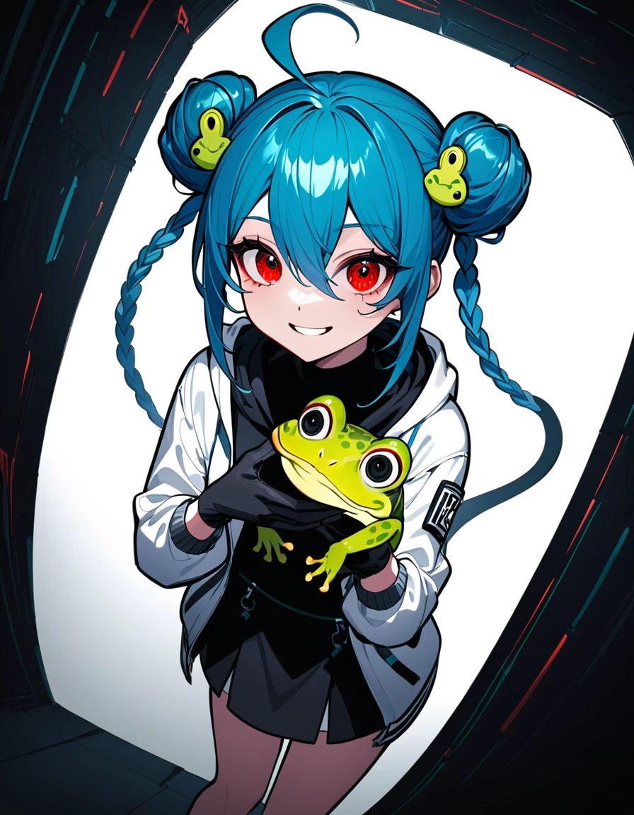 detailed,ultra-detailed,masterpiece,newest,absurdres,safe,best quality,(dramatic angle:1.3),(dynamic angle:1.3), Cinematic Lighting,Illustration,Volumetric Lighting,, 1girl, static pose, blue hair, double bun, monster girl, ahoge, white background, open mouth, gloves, red eyes, solo, simple background, hood, tentacles, extra eyes, black gloves, hair ornament, smile, frog, looking at viewer, jacket, black skirt, black eyes, long sleeves, skirt, frog hair ornament, hair between eyes, holding, hoodie,a digital drawing in an anime style, featuring a young woman with a playful expression, she has large, expressive red eyes and long, blue hair styled in a voluminous updo with a few strands framing her face, her skin is fair, and she wears a yellow and white jacket with black accents, which is open at the chest, revealing a white shirt underneath, her jacket has a high collar and long sleeves, with black laces running down the front, she is holding a small, green frog with a mischievous grin, perched on her shoulder, the frog's body is covered in black fur, and its tail is long and thin, with a black tip, the background is plain white, ensuring that the focus remains on the character, the drawing is executed with smooth, clean lines and vibrant colors, typical of modern digital art, the overall mood of playful and whimsical, with the character's playful demeanor and the frog adding a touch of whimsy
