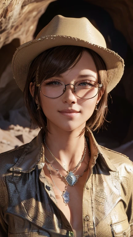 portrait, close-up, upper body. Short, red hair, Green eyes, glasses with metal frames, cowboy hat, beige button down shirt, joyful smile, cheerful girl . (masterpiece, top quality, best quality, official art, beautiful and aesthetically pleasing:1.2), extremely detailed,(fractal art:1.2),Colorful,The most detailed, (dynamic pose), (cave background:1.5), (Lots of treasures:1.4). ((SPLIT. Skin texture, Shiny skin. elegance. photorealism. unreal engine. 3D model. Ultra high quality textures. High detail. permission 8k))