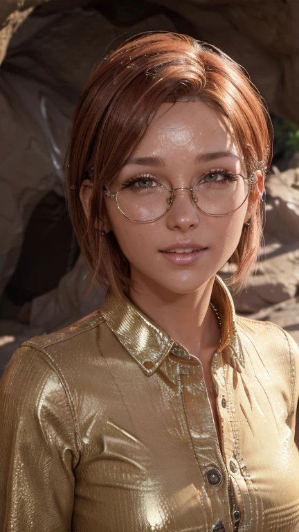 portrait, close-up, upper body. Short, red hair, Green eyes, glasses with metal frames, cowboy hat, beige button down shirt, joyful smile, cheerful girl . (masterpiece, top quality, best quality, official art, beautiful and aesthetically pleasing:1.2), extremely detailed,(fractal art:1.2),Colorful,The most detailed, (dynamic pose), (cave background:1.5), (Lots of treasures:1.4). ((SPLIT. Skin texture, Shiny skin. elegance. photorealism. unreal engine. 3D model. Ultra high quality textures. High detail. permission 8k))