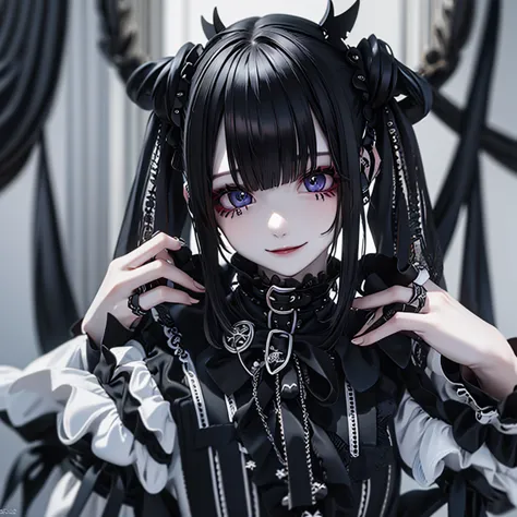 (masterpiece), highest quality, ultra-high resolution,woman、gothic punk、silver hair、black hair、smile、headphone、gamer