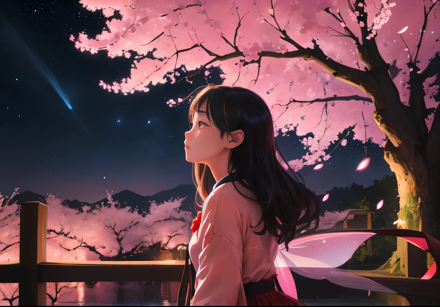 Linemoto cherry blossoms (night), (非常にdetailedな CG 統合壁紙 8k) (Best Quality), (Best illustrations), Bright colors (Best shade), jungle, water, Natural beauty, An oasis of calm, cherry blossoms, 超detailed, Antique porcelain, exit, city, Starry Sky, , girl looks up at the night sky, Ray Tracing, masterpieceBest Quality, Great quality, absurd detailed, The best light, Best Shadow, sharp, sharp images, detailed, 非常にdetailed, High resolution, 8k, 4K, 超High resolution, Volume determination, Bright fairy, (Particle Effects), (nighttime) --v6