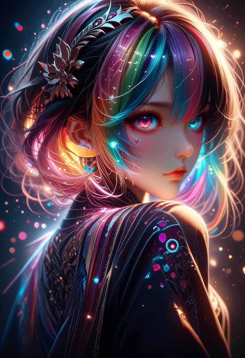 {{masterpiece}}, best quality, чрезвычайно детальная CG unity 8k обои, cinematic lighting, lens flare, Beautiful eye details, blackside view,  Multicolored hair, Colorful light, particles, Heterochromia, (Colorful:1.5), (Colorful hair:1.5),