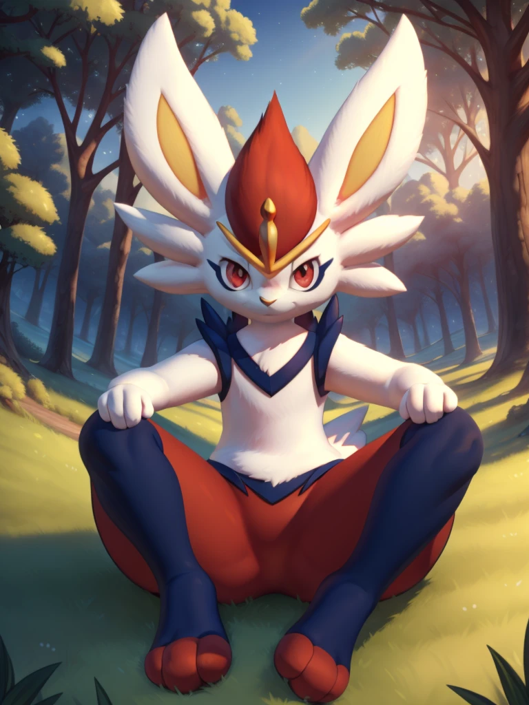 cinderace, female, full body, red eyes, (soft shading), 4k, hi res, five fingers, detailed hands, ((detailed face, (detailed eyes:1.0), detailed)), by zackarry911, by zaush, (by personalami:0.5), outside, night, grass, trees, sitting on grass, spread legs, looking at viewer, front view, rabbit tail