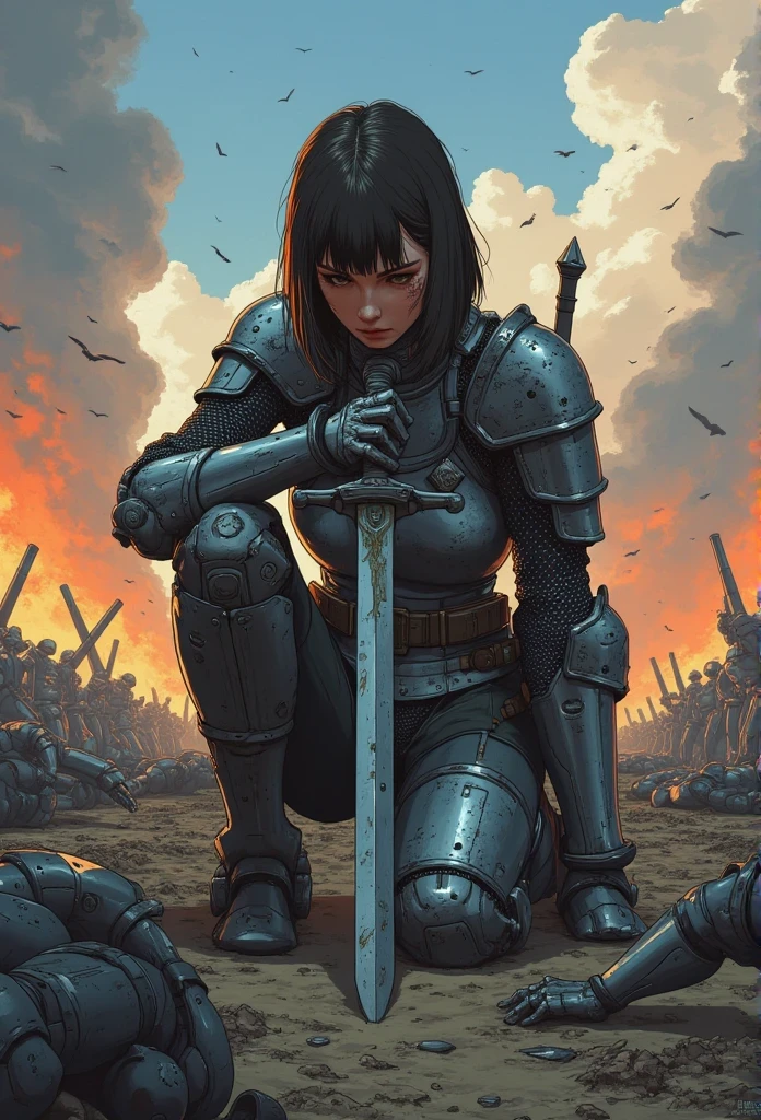 fantasy stylised illustration, anime style, cinematic composition, stunning, full body shot, masterpiece,best quality, close up dynamic model pose, (tall), perfect composition, 1girl, a battleworn mecha knight squire kneels in the dirt of the battlefield, smoke and fire billows, she is surrounded by fallen Robots, the shapeless form of the dead litter the field, (leaning on medieval longsword planted in ground steadying himself), dusk sunset, she wears medium medieval armor, medium chainmail, platemail, cuirass, leather and hide boots, gauntlets, pauldrons, tabbard, knight templar initiate, honourable, weary, eyes closed, looking down, stony expression, no helmet, 3, medium facial hair, femenine, woman, (short trimmed brunette hair), brown eyes, not bulky, emotional, intense, dark, gritty, heavily stylised, incredible, awe-inspiring battle damaged, wounded, knight templar, adventurer, medium armor,