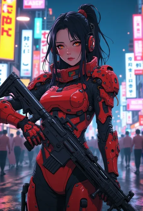 cyberpunk anime, stunning japanese woman wearing red and black sci-fi power armour, headphones, dark eyeshadow, holding assault ...