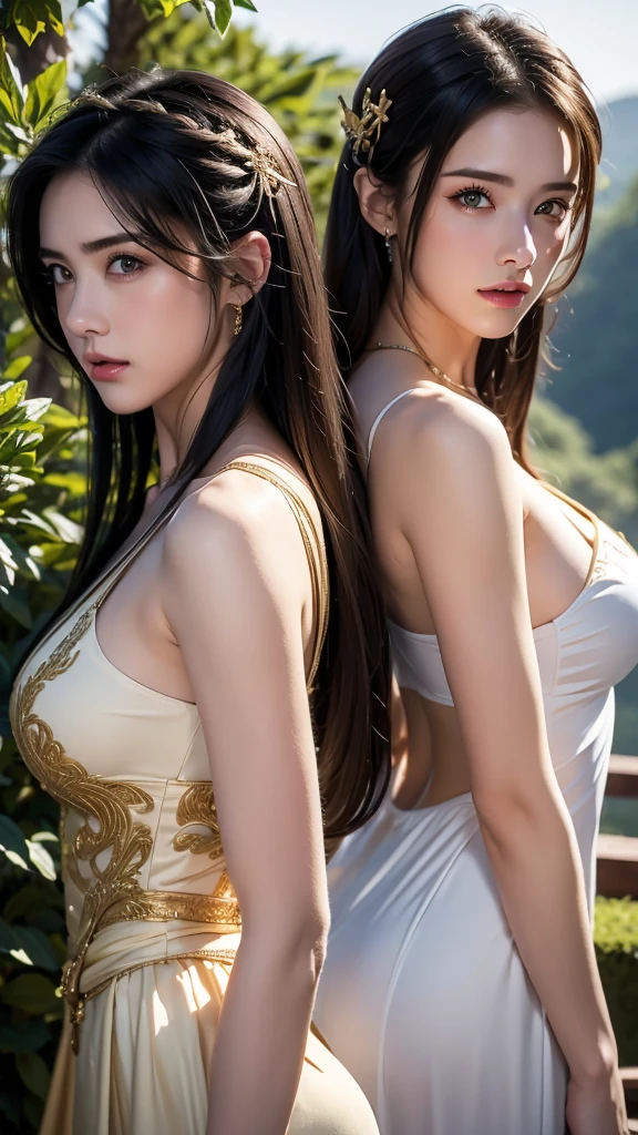 ((2girls)), standing back to back, masterpiece, Best Quality, Illustration, Ultra-detailed, finely detail, hight resolution, 8K Wallpaper, Perfect dynamic composition, Beautiful detailed eyes , Sexy face, Face feeling ecstasy, Face at the peak of sexual arousal, looking at viewer, ((outdoor background)), casual silk gown, black hair, perfect slim body, hair ornament, same tall