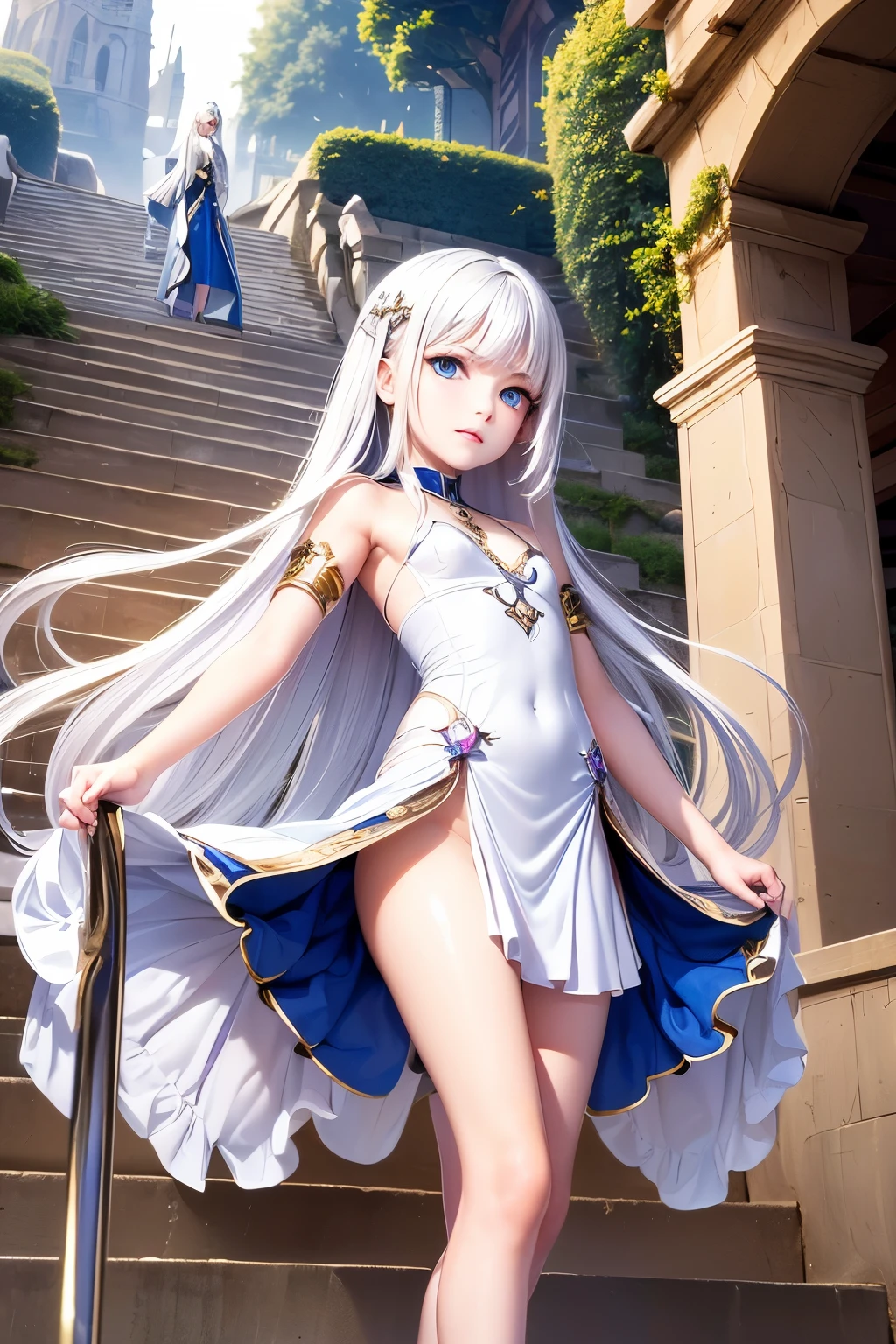 masterpiece,Best Quality,Very detailed,beautiful girl, teenager,High Fantasy,Fantasy national costume,Outdoor,Stairs to the sky,Small breasts,Narrow waist,Straight silver hair,Perfect Blue Eyes,Very cute,Active pose