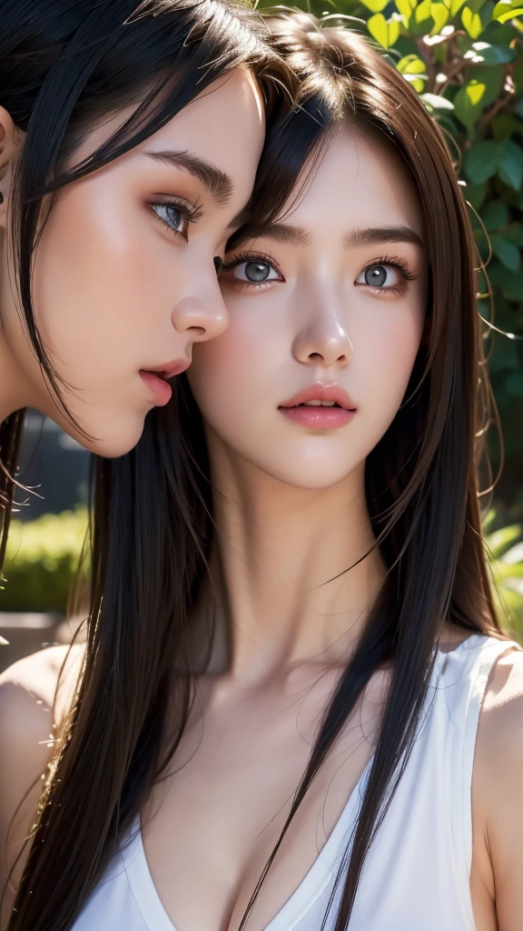 ((2girls)), standing side by side, masterpiece, Best Quality, Illustration, Ultra-detailed, finely detail, hight resolution, 8K Wallpaper, Perfect dynamic composition, Beautiful detailed eyes , Sexy face, Face feeling ecstasy, Face at the peak of sexual arousal, looking at viewer, ((outdoor background)), casual loose clothes, black hair, perfect slim body, hair ornament, same tall