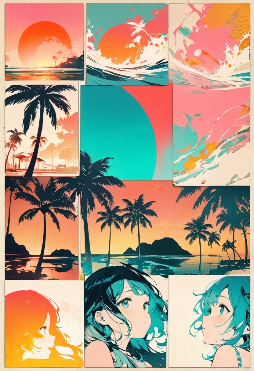 (masterpiece, best quality),(double exposure: 1.2), woodblock print collage depicting,(cute girl who melts in the summer,tween,beach),surrounded by palm-tree and coconut symbols,splash color, collage art, contemporary art,