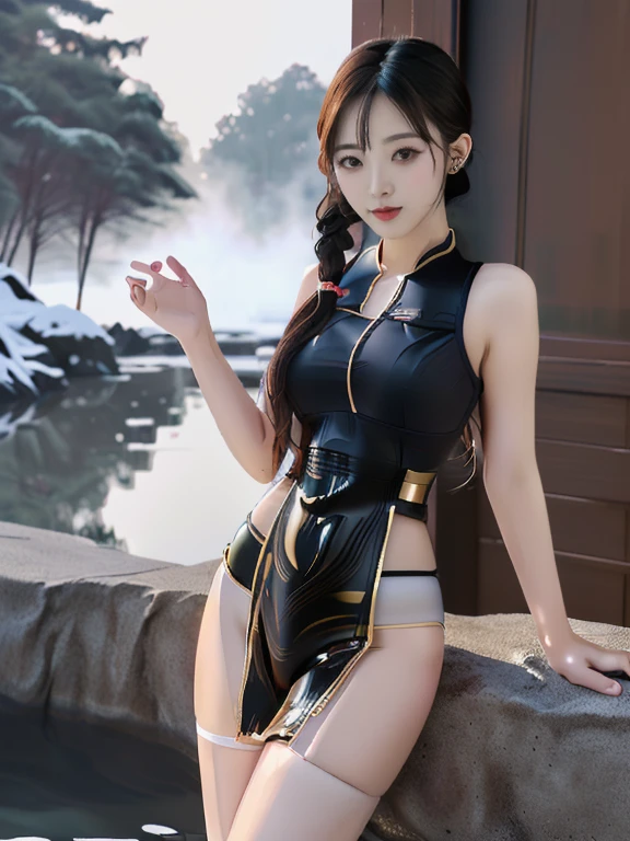 ((A woman)), 美丽脸庞的Sexy中国华裔女明星, 穿着Pink乳胶内衣, Wearing a transparent latex nurse uniform, (((Light theme, Exposing the subject, Sexy主题)))
((Transparent clothes: 1.5), (Revealing clothes: 1.5),  (Wet clothes:1.0), (Color of clothes: Pink), ((Wearing transparent clothing)))
(((night, Private hot spring, Surrounded by fog, Dense bamboo forest, Standing in the water, Snow Scene))),
((Mobile desktop:1.5), (Reality:1.5))
((8K Ultra HD, 8K, Ultra-high resolution, Best quality, Super Fine, Clear focus. Masterpieces, complete pattern, Ultra HD, Detailed photos, Best image quality，Ultra-clear，Delicate facial features，Well-defined, Highly rated works, Close-up depth of field photography, Above the knee, Symmetrical character)), 
((Creating the image of a real girl), Realistic shadows, Soft lighting, Dynamic Angle, Dynamic poses, Elegant Posture, Cowboy lens, Full body front view, Be confident, Facing the camera, Eyes looking towards camera lens, Standing posture, Open your legs slightly, Golden Ratio Graphics, Minimalism, Center the character), 
( Smile, Sexy的, Balanced Eyes, Realistic eyes, Beautiful details of the eyes,Pretty Face, (Realistic face), Normal facial features, Realistic skin, Pay attention to skin details, Skin is clean and radiant, Whitening, Anatomically correct body, Golden ratio figure, Sexy的身材), 
(Perfect makeup, Gloves, earrings</input></xml>, bracelet, necklace, Jewelry, Hair accessories, shawl, sock, Knee socks, 吊garter, Leg ring, garter, 腿部garter), 
((beautiful hair), Dark black hair, Wavy curly hairstyle, Waist-length hair, Messy Hairstyle, Gradient hairstyles, Cyberpunk Hairstyle, High double ponytail hairstyle), 
(Sexy的, Perfect breast shape, Teardrop chest shape, Snow-white breasts, Very detailed breasts, 34C cup), 
(Super high waist, Deep V, Low-cut, Sexy, Flattering, Open crotch, (Clear camel toe, (High fork strangulation))),
(((Clear outline, Clear underwear, 透明Sexy的穿着)))