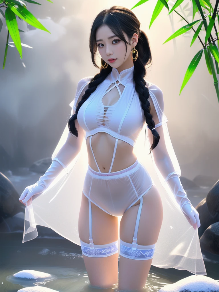 ((A woman)), 美丽脸庞的Sexy中国华裔女明星, 穿着Pink乳胶内衣, Wearing a transparent latex nurse uniform, (((Light theme, Exposing the subject, Sexy主题)))
((Transparent clothes: 1.5), (Revealing clothes: 1.5),  (Wet clothes:1.0), (Color of clothes: Pink), ((Wearing transparent clothing)))
(((night, Private hot spring, Surrounded by fog, Dense bamboo forest, Standing in the water, Snow Scene))),
((Mobile desktop:1.5), (Reality:1.5))
((8K Ultra HD, 8K, Ultra-high resolution, Best quality, Super Fine, Clear focus. Masterpieces, complete pattern, Ultra HD, Detailed photos, Best image quality，Ultra-clear，Delicate facial features，Well-defined, Highly rated works, Close-up depth of field photography, Above the knee, Symmetrical character)), 
((Creating the image of a real girl), Realistic shadows, Soft lighting, Dynamic Angle, Dynamic poses, Elegant Posture, Cowboy lens, Full body front view, Be confident, Facing the camera, Eyes looking towards camera lens, Standing posture, Open your legs slightly, Golden Ratio Graphics, Minimalism, Center the character), 
( Smile, Sexy的, Balanced Eyes, Realistic eyes, Beautiful details of the eyes,Pretty Face, (Realistic face), Normal facial features, Realistic skin, Pay attention to skin details, Skin is clean and radiant, Whitening, Anatomically correct body, Golden ratio figure, Sexy的身材), 
(Perfect makeup, Gloves, earrings</input></xml>, bracelet, necklace, Jewelry, Hair accessories, shawl, sock, Knee socks, 吊garter, Leg ring, garter, 腿部garter), 
((beautiful hair), Dark black hair, Wavy curly hairstyle, Waist-length hair, Messy Hairstyle, Gradient hairstyles, Cyberpunk Hairstyle, High double ponytail hairstyle), 
(Sexy的, Perfect breast shape, Teardrop chest shape, Snow-white breasts, Very detailed breasts, 34C cup), 
(Super high waist, Deep V, Low-cut, Sexy, Flattering, Open crotch, (Clear camel toe, (High fork strangulation))),
(((Clear outline, Clear underwear, 透明Sexy的穿着)))