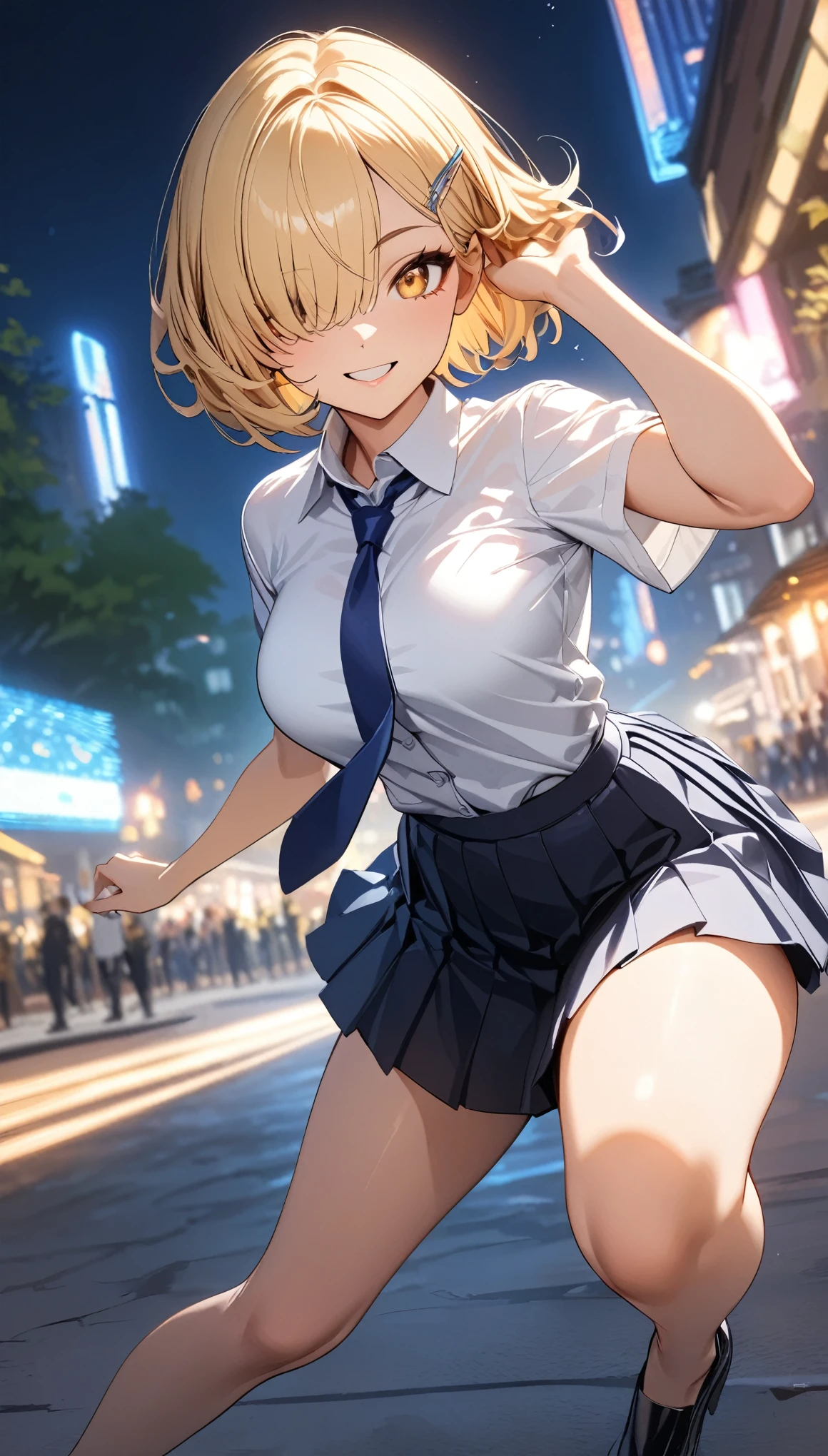 (Best Quality:1.2, Very detailed, 超High resolution, masterpiece:1.2, Best Quality, Best aesthetics), ((1 girl)), smile, Fun, Glossy lips, Rouge, (Blonde, Short Hair, Bangs covering one eye, hairpin, Golden Eyes, White shirt, Pleated skirt, Blue tie), Full body view:1.2、Dance Motion, Motion Blur:1.2, Night Park, Professionalism, Bright colors, High resolution, The right perspective, (Soft focus throughout).