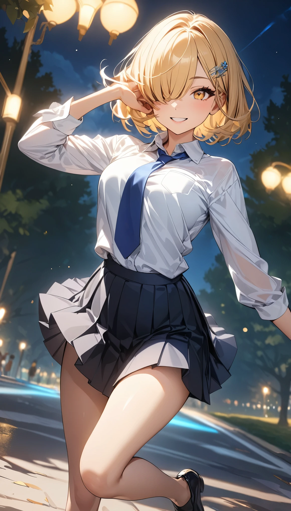 (Best Quality:1.2, Very detailed, 超High resolution, masterpiece:1.2, Best Quality, Best aesthetics), ((1 girl)), smile, Fun, Glossy lips, Rouge, (Blonde, Short Hair, Bangs covering one eye, hairpin, Golden Eyes, White shirt, Pleated skirt, Blue tie), Full body view:1.2、Dance Motion, Motion Blur:1.2, Low angle:1.2、Night Park, Professionalism, Bright colors, High resolution, The right perspective, (Soft focus throughout).