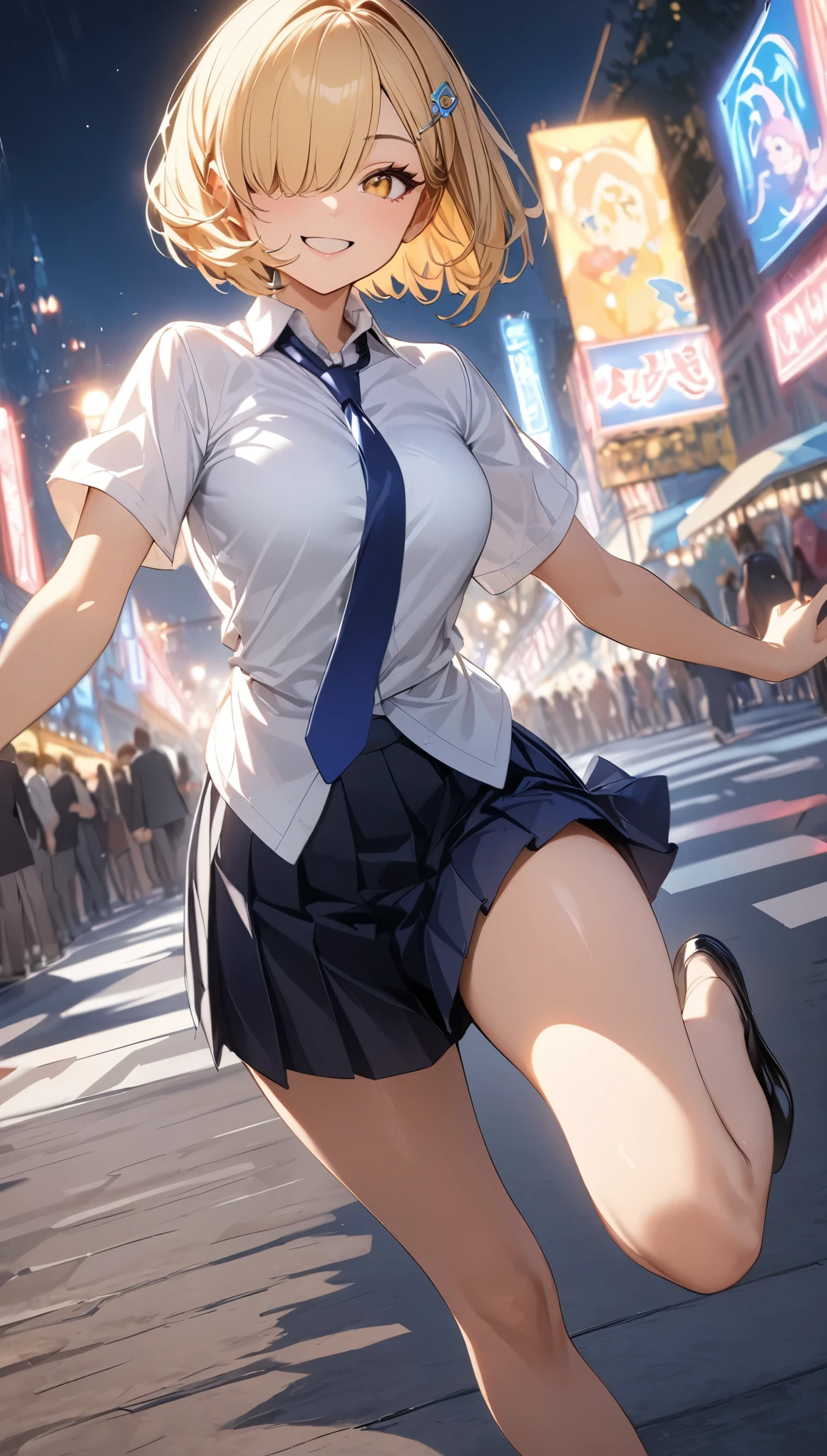 (Best Quality:1.2, Very detailed, 超High resolution, masterpiece:1.2, Best Quality, Best aesthetics), ((1 girl)), smile, Fun, Glossy lips, Rouge, (Blonde, Short Hair, Bangs covering one eye, hairpin, Golden Eyes, White shirt, Pleated skirt, Blue tie), Full body view:1.2、Dance Motion, Motion Blur:1.2, Low angle:1.2、Night Park, Professionalism, Bright colors, High resolution, The right perspective, (Soft focus throughout).