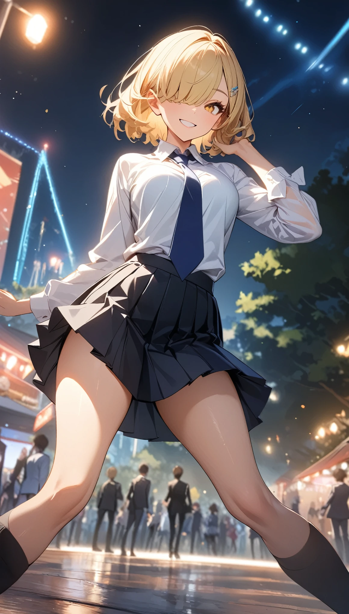 (Best Quality:1.2, Very detailed, 超High resolution, masterpiece:1.2, Best Quality, Best aesthetics), ((1 girl)), smile, Fun, Glossy lips, Rouge, (Blonde, Short Hair, Bangs covering one eye, hairpin, Golden Eyes, White shirt, Pleated skirt, Blue tie), Full body view:1.2、Dance Motion, Motion Blur:1.2, Low angle:1.2、Night Park, Professionalism, Bright colors, High resolution, The right perspective, (Soft focus throughout).