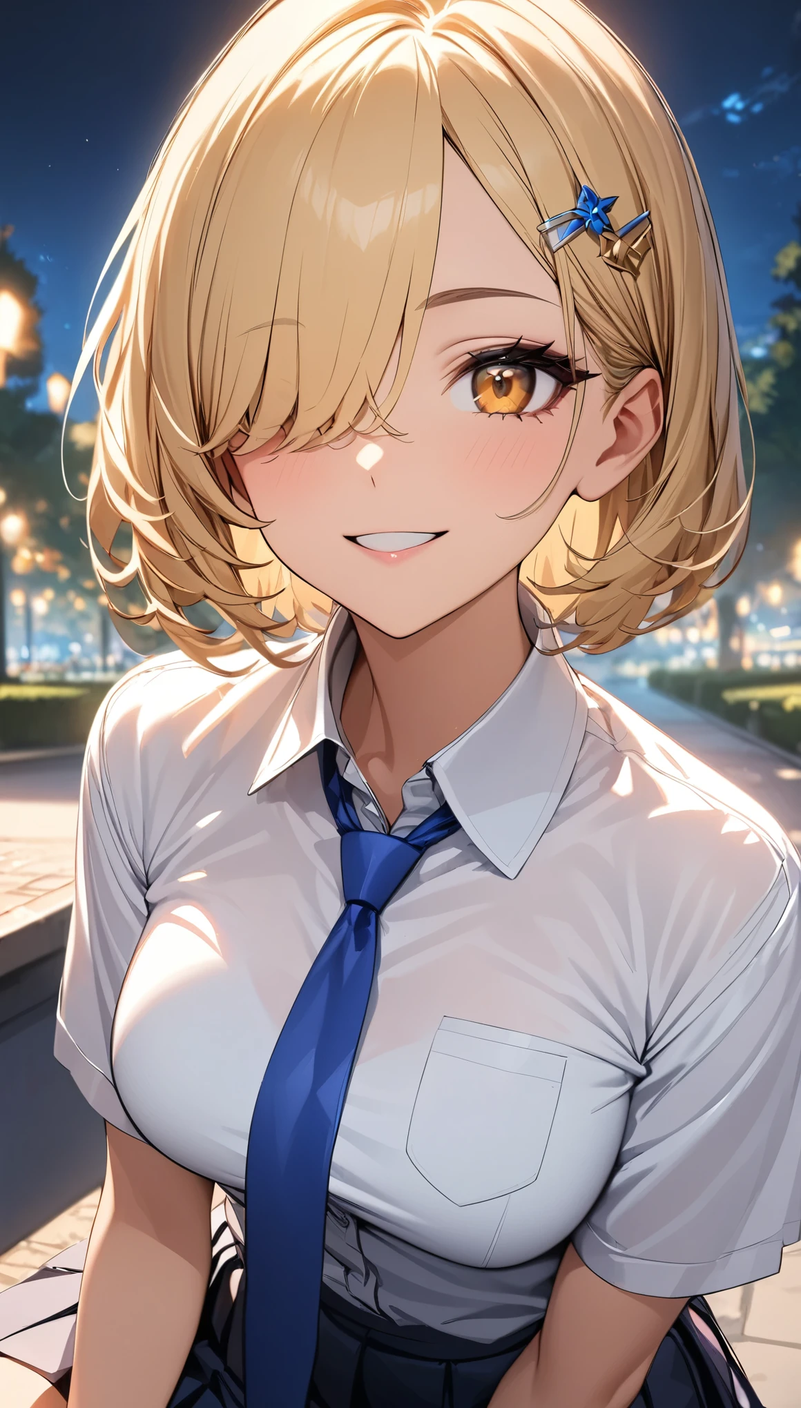 (Best Quality:1.2, Very detailed, 超High resolution, masterpiece:1.2, Best Quality, Best aesthetics), ((1 girl)), Mischievous Smile、Glossy lips, Rouge, (Blonde, Short Hair, Bangs covering one eye, hairpin, Golden Eyes, White shirt, Pleated skirt, Blue tie), Random Pause, sit:1.2, Night Park, Professionalism, Bright colors, High resolution, The right perspective, (Soft focus throughout).