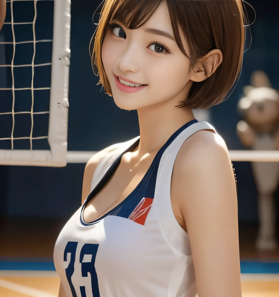 Best Quality、、Ultra-high resolution、masterpiece、Clear Photo、Professional Lighting、smile、(Very cute girl、beautiful girl、Cute Yoda Yuki)、baby face、Small Face、(Large erect nipples、I can see her cleavage)、Ultra slim、Slender body、Small waist、Beautiful legs、(Volleyball Player)、(sitting on a volleyball court、Sit in front of the camera、Legs Wide Open,,)、(Very short hair:1.6)、Brown Hair