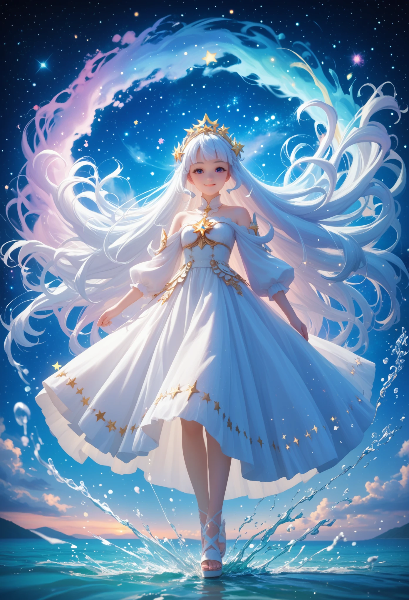 anime girl with long white hair and a star in her hair, white hairy deity, anime girl with space hair, star(sky) starry_sky, Cute Girl Anime Visual, splash art anime , White shining glow, girl with white hair, Ethereal anime, akasuki voidstar, Celestial aura, nightcore, Anime Moe Artstyle, full height,cinematic film still,score_9,score_8_up,score_7_up,masterpiece,best quality,8k,
