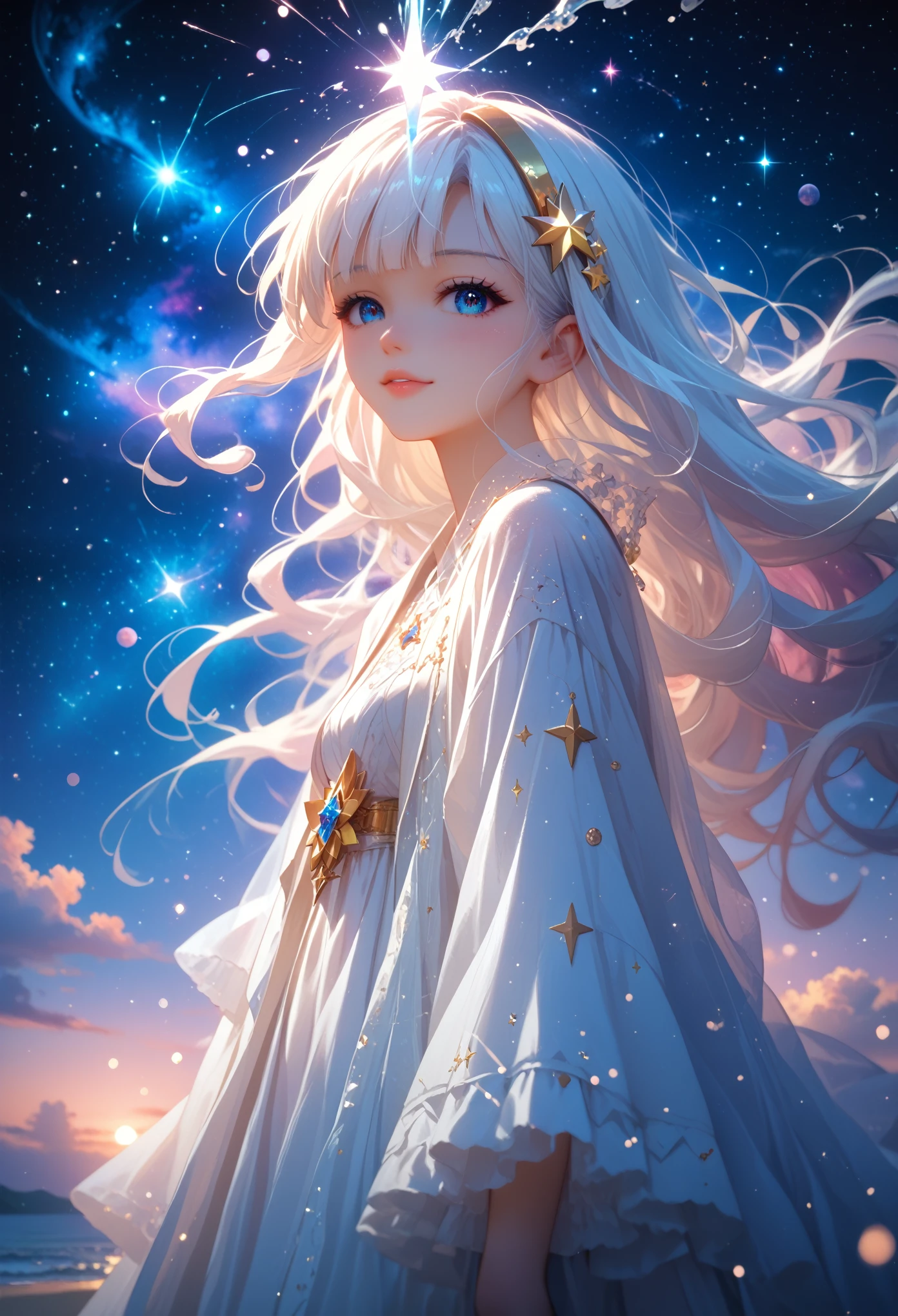 anime girl with long white hair and a star in her hair, white hairy deity, anime girl with space hair, star(sky) starry_sky, Cute Girl Anime Visual, splash art anime , White shining glow, girl with white hair, Ethereal anime, akasuki voidstar, Celestial aura, nightcore, Anime Moe Artstyle, full height,cinematic film still,score_9,score_8_up,score_7_up,masterpiece,best quality,8k,

score_6,score_5,score_4,lowres,bad_quality,signature,watermark,monochrome,logo,text,