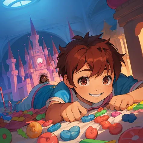 ((( boy with brown hair and an innocent smile in a candy castle))), ((amazed and smiling in a surreal dream world setting)), ((w...