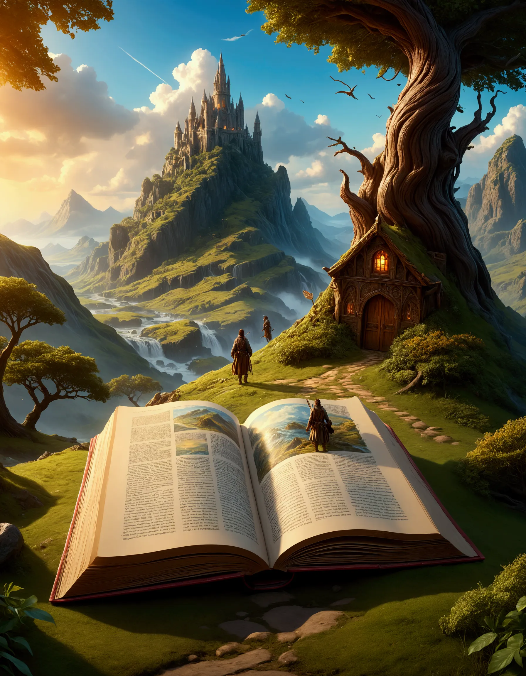 a fantasy book with giant pages, adventurers emerging from the pages, windblown pages, detailed fantasy landscape, cinematic lig...