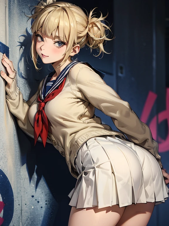 Arafeed woman in school uniform poses in front of graffiti. tumblr, graffiti, girl leaning forward, asses up, showing buttocks, himiko toga, White beige cardigan, White sailor suit with navy collar, red neckerchief, navy very short pleated skirt, schoolgirl pose, blonde hair, naughty style, beautiful girl, surreal schoolgirl, stop 4