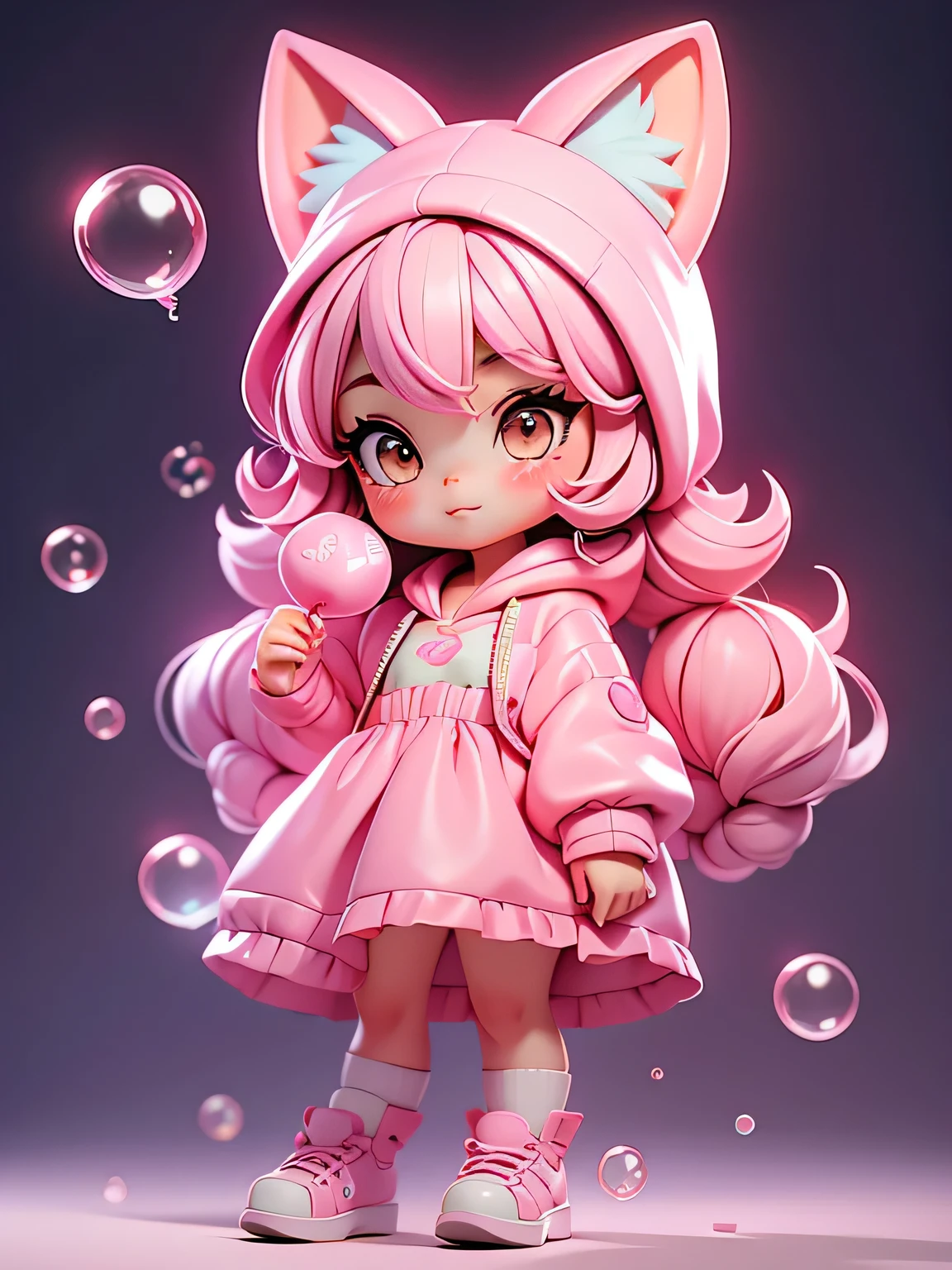 A set of Chibi pink cat costume. Cute girl with fantasy colorful bubbles is shy holding a lollipop in her hand
